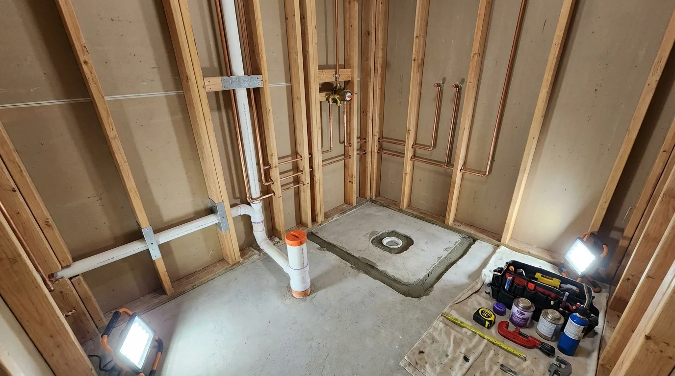 Bathroom rough-in plumbing during remodel by Johns Plumbing LLC in Frostburg