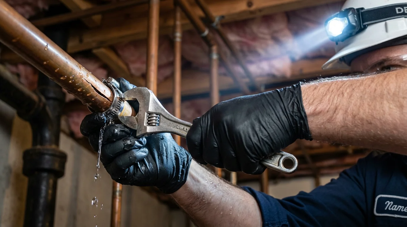 Emergency pipe clamp repair being performed by a Johns Plumbing LLC plumber in Frostburg