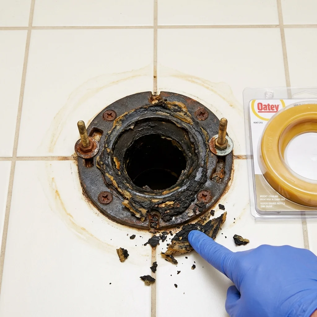 Failed wax ring showing water seepage at the base of a toilet in a Frostburg, MD home