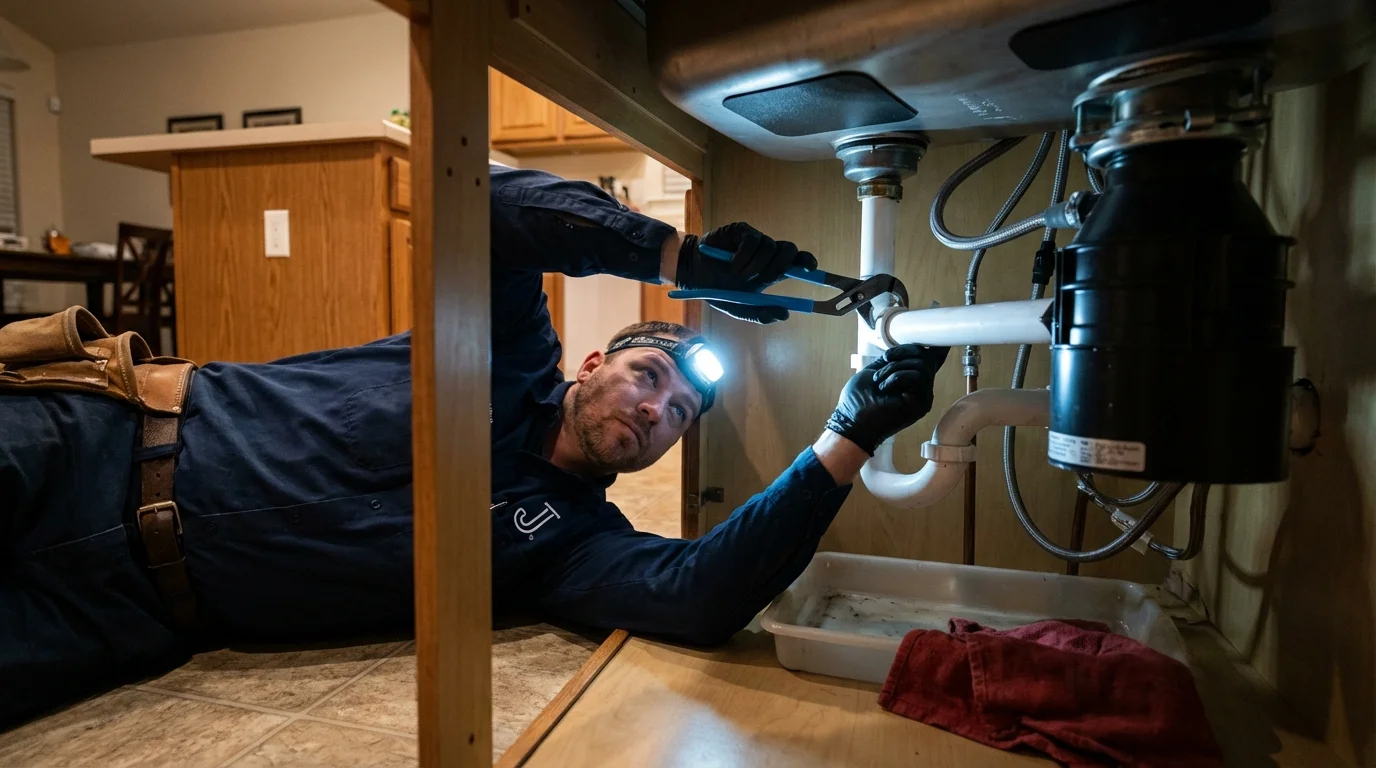 P-trap and supply line connections under a kitchen sink showing a common leak point in Frostburg, MD
